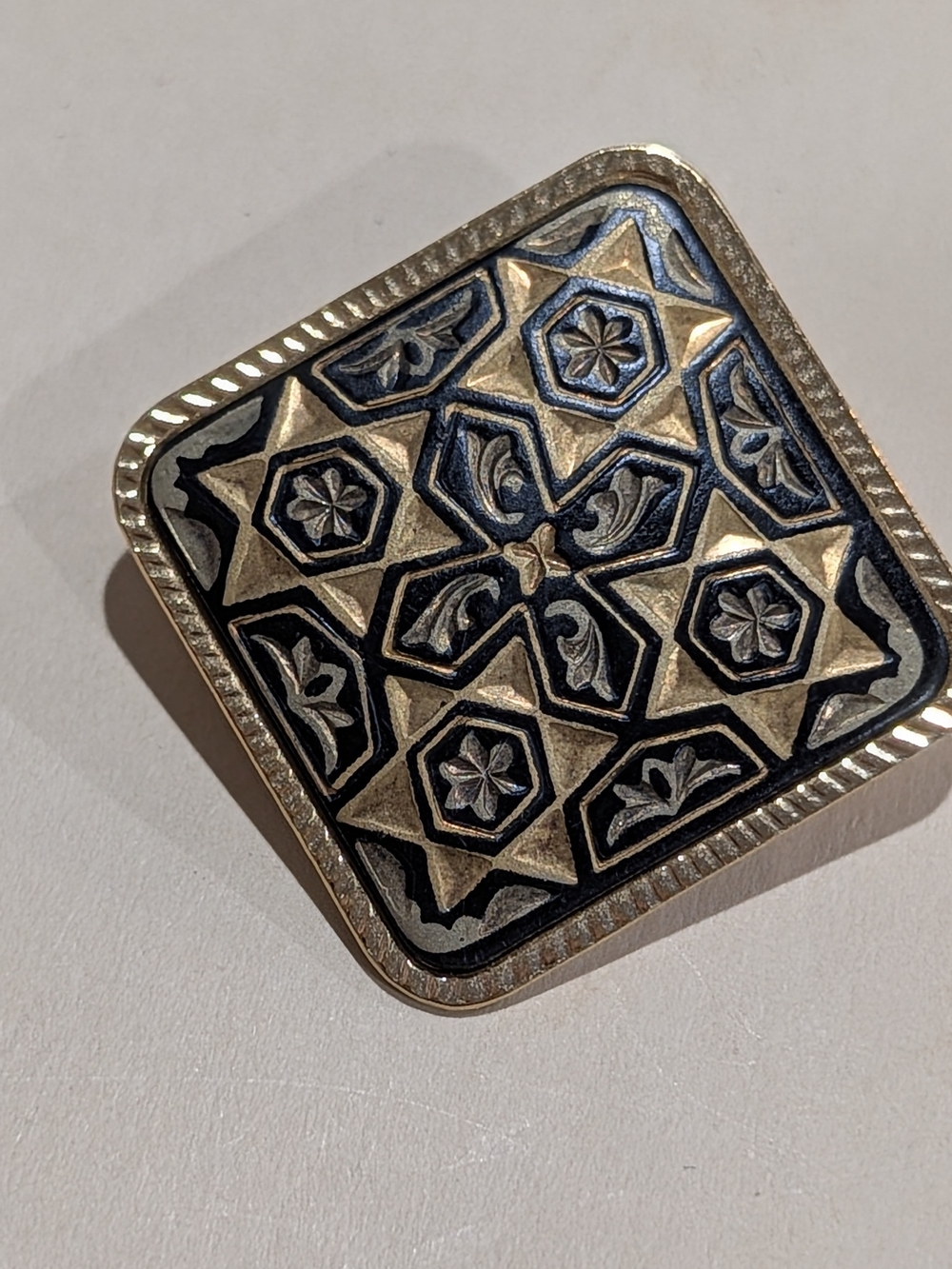 Authentic Spanish Damascene Brooch  Toledo Damasquinado Gold Silver Black